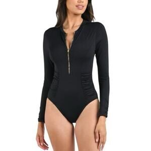 La Blanca Women's Shirred Paddlesuit Zip Front One Piece Swimsuit Black Size S